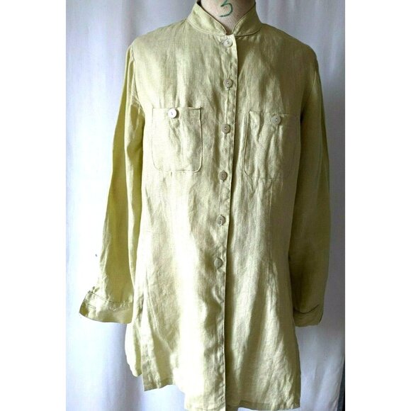 Current Women Long Tunic Oriental Green 100% Linen Button Down Size 8 - Picture 1 of 12